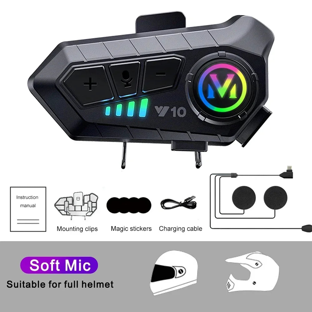 Y10 Motorcycle Bluetooth 5.3 Helmet Headset with Colorful Lights Waterproof Wireless Earphone Hands-Free Headset Waterproof