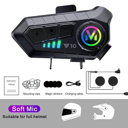 Y10 Motorcycle Bluetooth 5.3 Helmet Headset with Colorful Lights Waterproof Wireless Earphone Hands-Free Headset Waterproof