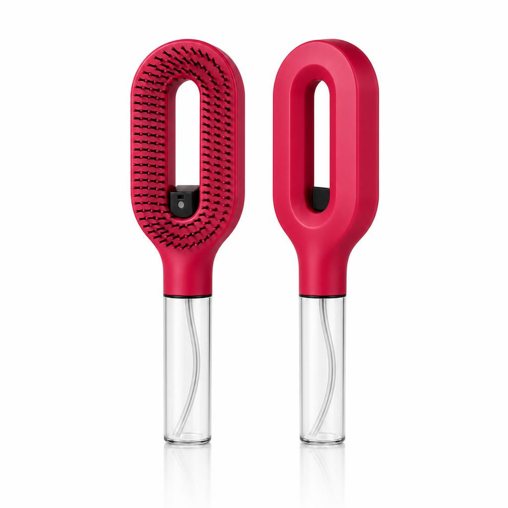 Cepillo 2 en 1 con pulverizador en color Fucsia, vista frontal y trasera
